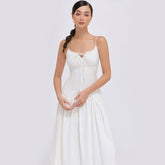 Sleeveless silk organza midi dress with corset bodice and gathered full skirt design